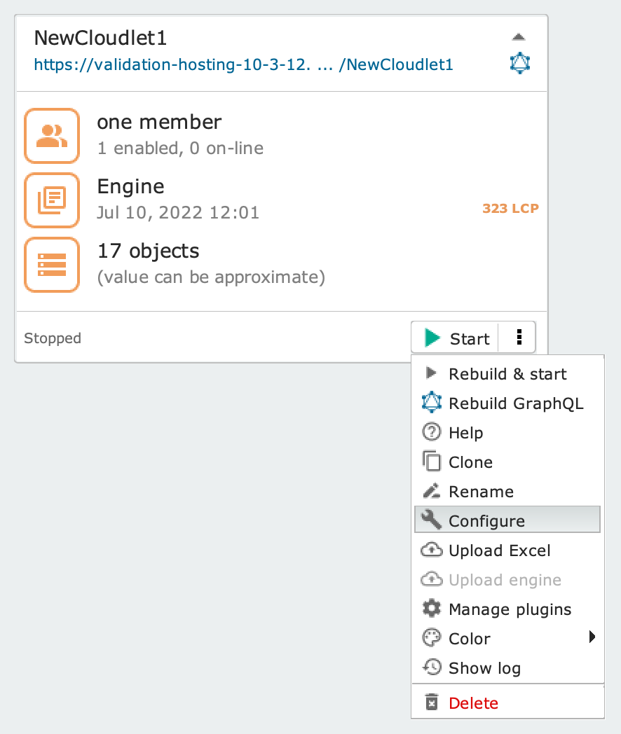 Configure option in Cloudlet context menu