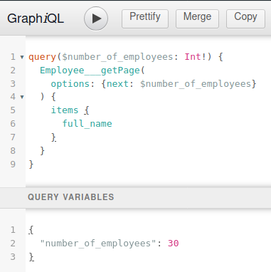 GraphiQL query variables example