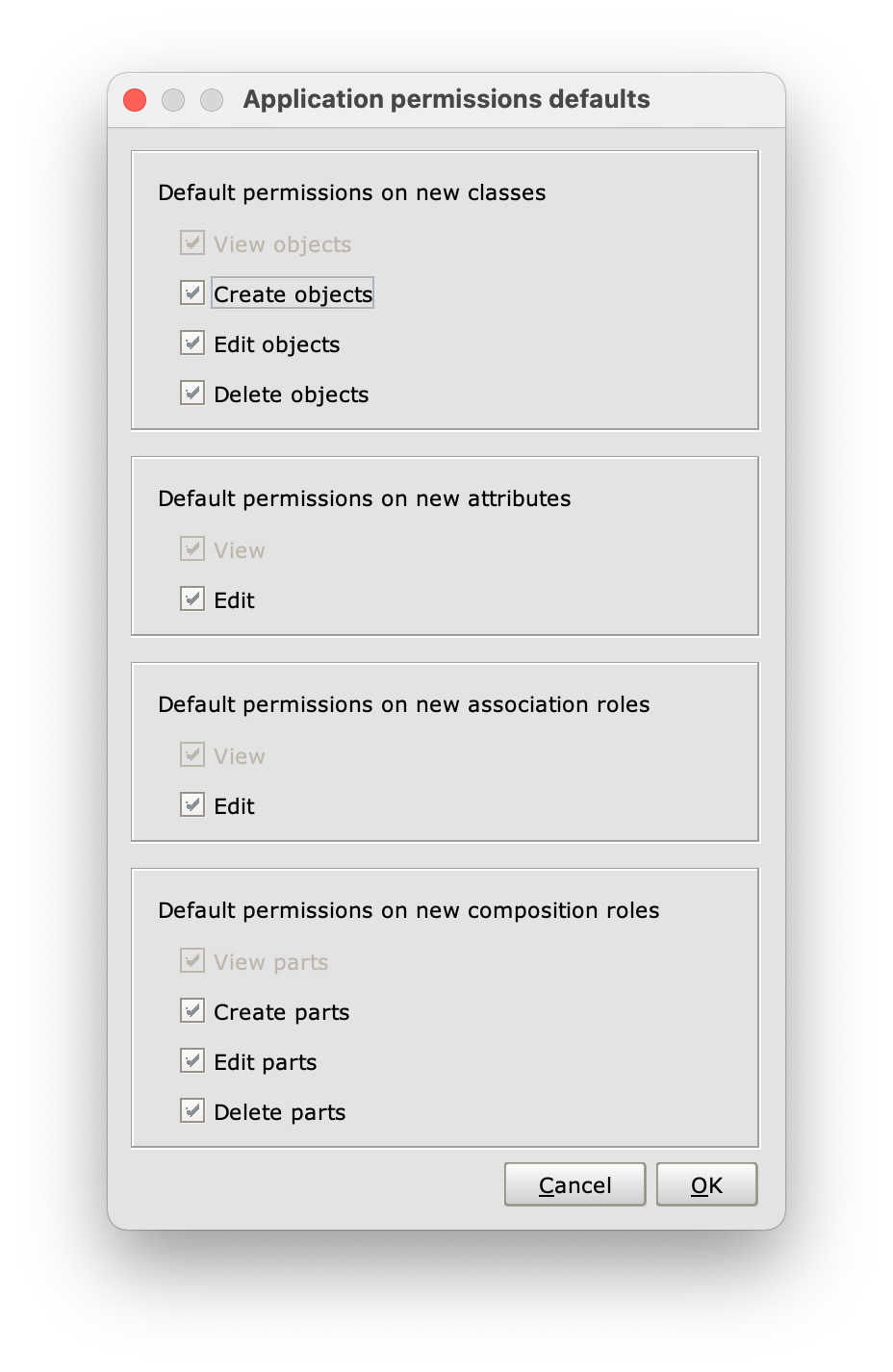 Application permissions defaults