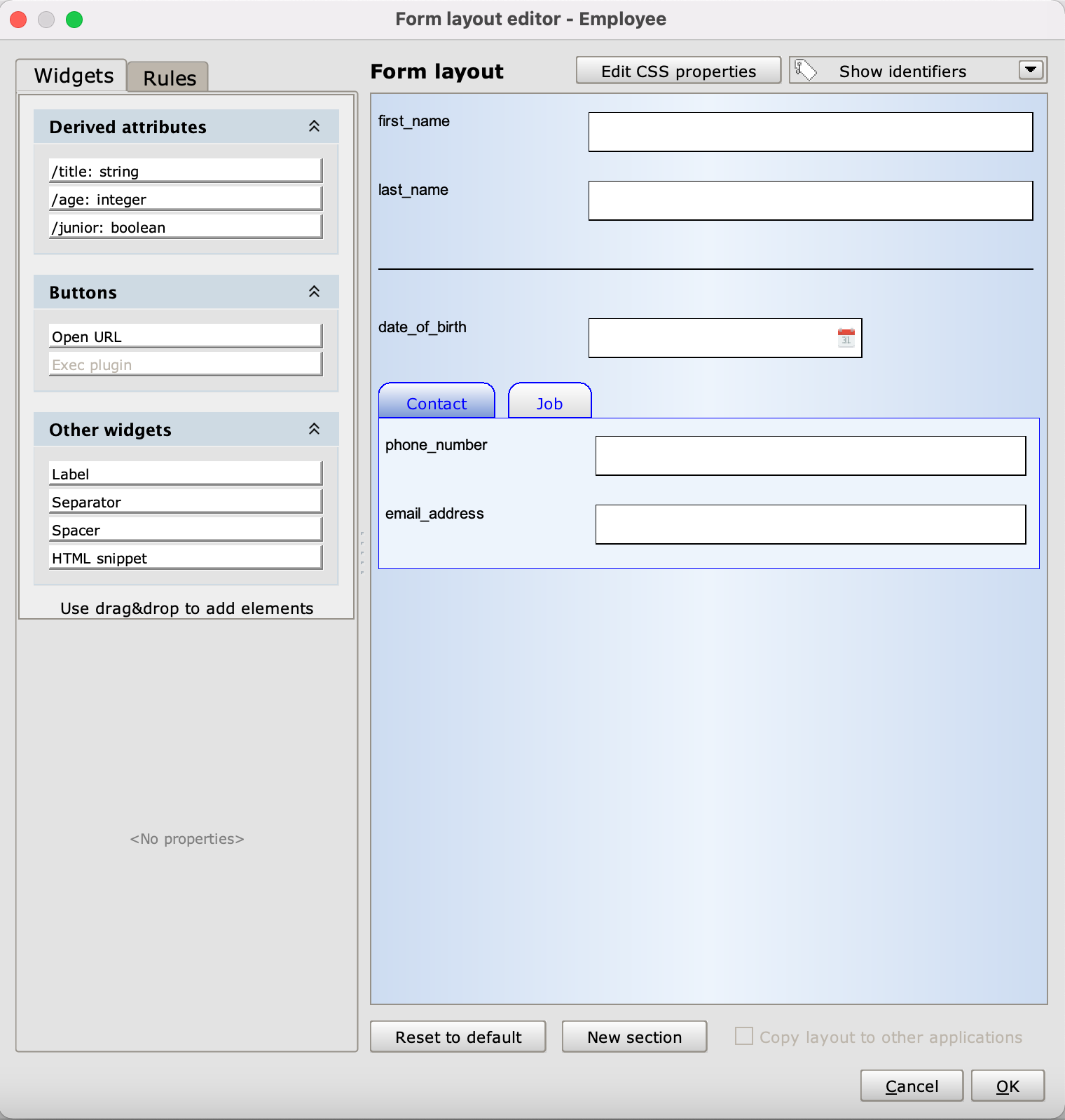 Designer employee application form layout editor