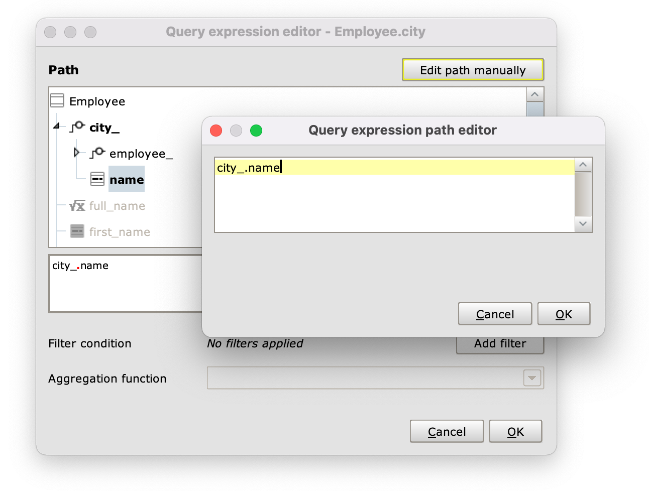 The Query expression editor